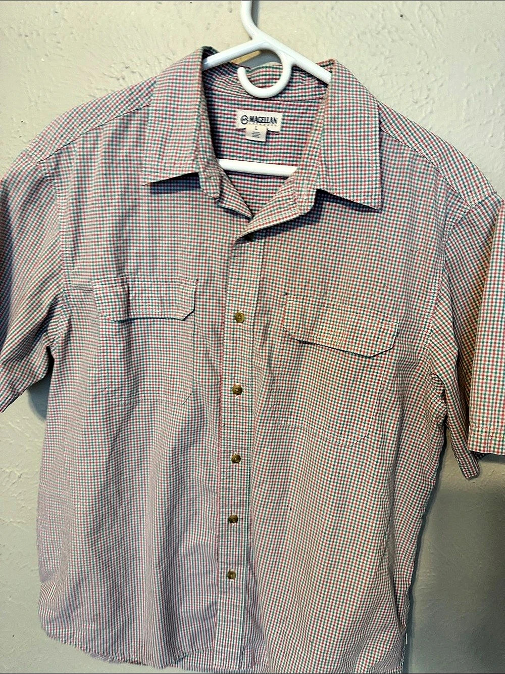 Magellan Gingham Short Sleeve Shirt in Green & Red Size Medium